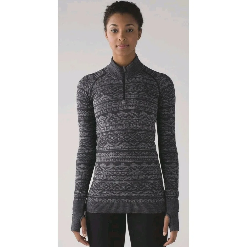 Lululemon Women 2 Rest Less 1/4 Zip Long Sleeve Grey Black Print Yoga Pilates